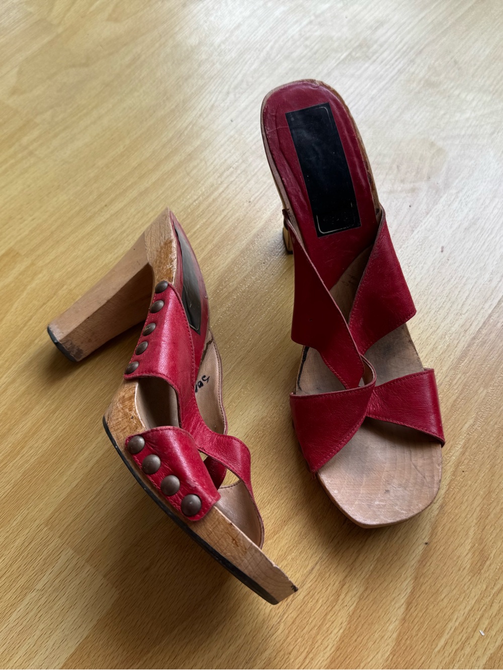 Vintage 90s red criss cross leather platform sandals with wood heel